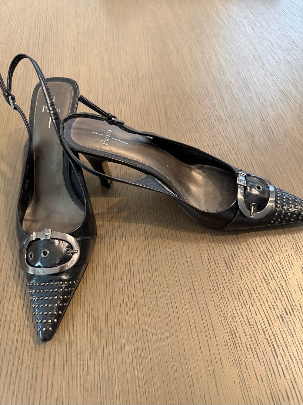 Black Studded Pointed-Toe Slingback Heels with Buckle